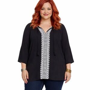 Michel Studio Viscose Peasant Blouse Black Tunic Embroidered Boho Casual Top 16